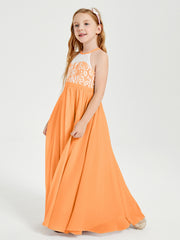 Robes de Demoiselle d'Honneur Longues en Mousseline avec Haut en Dentelle Orange