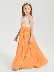 Robes de Demoiselle d'Honneur Longues en Mousseline avec Haut en Dentelle Orange