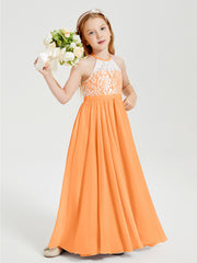 Robes de Demoiselle d'Honneur Longues en Mousseline avec Haut en Dentelle Orange