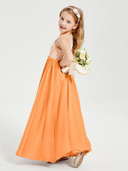 Robes de Demoiselle d'Honneur Longues en Mousseline avec Haut en Dentelle Orange