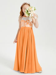Robes de Demoiselle d'Honneur Longues en Mousseline avec Haut en Dentelle Orange