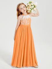 Robes de Demoiselle d'Honneur Longues en Mousseline avec Haut en Dentelle Orange