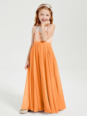 Robes de Demoiselle d'Honneur Longues en Mousseline avec Haut en Dentelle Orange