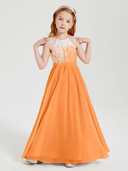 Robes de Demoiselle d'Honneur Longues en Mousseline avec Haut en Dentelle Orange