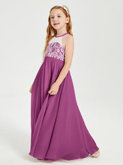 Robes de Demoiselle d'Honneur Longues en Mousseline avec Haut en Dentelle Orchidee