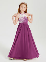 Robes de Demoiselle d'Honneur Longues en Mousseline avec Haut en Dentelle Orchidee