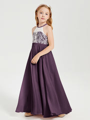 Robes de Demoiselle d'Honneur Longues en Mousseline avec Haut en Dentelle Plum