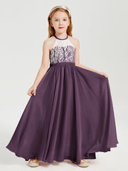 Robes de Demoiselle d'Honneur Longues en Mousseline avec Haut en Dentelle Plum