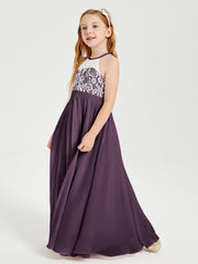 Robes de Demoiselle d'Honneur Longues en Mousseline avec Haut en Dentelle Plum