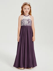 Robes de Demoiselle d'Honneur Longues en Mousseline avec Haut en Dentelle Plum