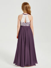 Robes de Demoiselle d'Honneur Longues en Mousseline avec Haut en Dentelle Plum