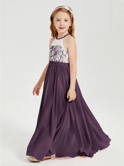 Robes de Demoiselle d'Honneur Longues en Mousseline avec Haut en Dentelle Plum