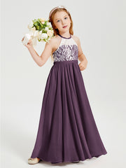 Robes de Demoiselle d'Honneur Longues en Mousseline avec Haut en Dentelle Plum