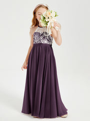 Robes de Demoiselle d'Honneur Longues en Mousseline avec Haut en Dentelle Plum