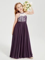 Robes de Demoiselle d'Honneur Longues en Mousseline avec Haut en Dentelle Plum