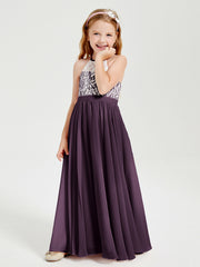 Robes de Demoiselle d'Honneur Longues en Mousseline avec Haut en Dentelle Plum