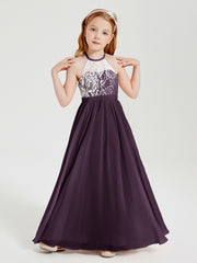 Robes de Demoiselle d'Honneur Longues en Mousseline avec Haut en Dentelle Plum