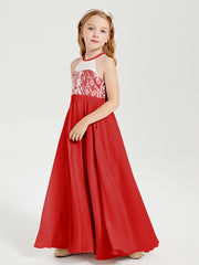 Robes de Demoiselle d'Honneur Longues en Mousseline avec Haut en Dentelle Rouge