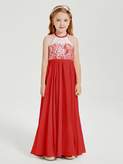 Robes de Demoiselle d'Honneur Longues en Mousseline avec Haut en Dentelle Rouge