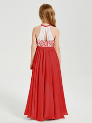 Robes de Demoiselle d'Honneur Longues en Mousseline avec Haut en Dentelle Rouge