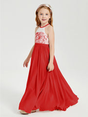 Robes de Demoiselle d'Honneur Longues en Mousseline avec Haut en Dentelle Rouge