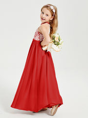 Robes de Demoiselle d'Honneur Longues en Mousseline avec Haut en Dentelle Rouge