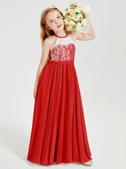 Robes de Demoiselle d'Honneur Longues en Mousseline avec Haut en Dentelle Rouge