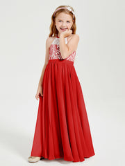 Robes de Demoiselle d'Honneur Longues en Mousseline avec Haut en Dentelle Rouge