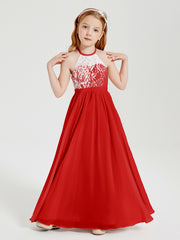 Robes de Demoiselle d'Honneur Longues en Mousseline avec Haut en Dentelle Rouge