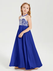 Robes de Demoiselle d'Honneur Longues en Mousseline avec Haut en Dentelle Bleu Royale