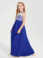 Robes de Demoiselle d'Honneur Longues en Mousseline avec Haut en Dentelle Bleu Royale