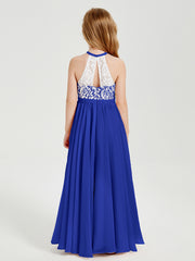 Robes de Demoiselle d'Honneur Longues en Mousseline avec Haut en Dentelle Bleu Royale