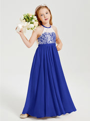 Robes de Demoiselle d'Honneur Longues en Mousseline avec Haut en Dentelle Bleu Royale