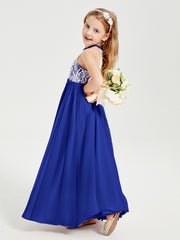 Robes de Demoiselle d'Honneur Longues en Mousseline avec Haut en Dentelle Bleu Royale