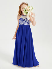 Robes de Demoiselle d'Honneur Longues en Mousseline avec Haut en Dentelle Bleu Royale