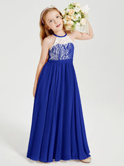 Robes de Demoiselle d'Honneur Longues en Mousseline avec Haut en Dentelle Bleu Royale