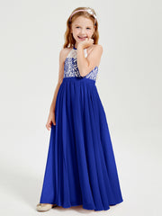 Robes de Demoiselle d'Honneur Longues en Mousseline avec Haut en Dentelle Bleu Royale