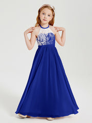 Robes de Demoiselle d'Honneur Longues en Mousseline avec Haut en Dentelle Bleu Royale