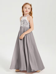 Robes de Demoiselle d'Honneur Longues en Mousseline avec Haut en Dentelle Argent