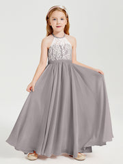 Robes de Demoiselle d'Honneur Longues en Mousseline avec Haut en Dentelle Argent