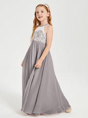 Robes de Demoiselle d'Honneur Longues en Mousseline avec Haut en Dentelle Argent