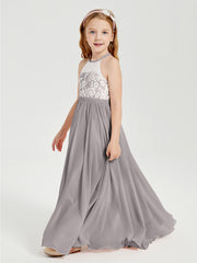 Robes de Demoiselle d'Honneur Longues en Mousseline avec Haut en Dentelle Argent
