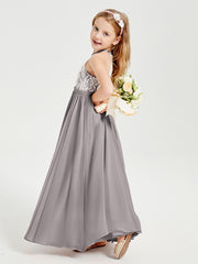 Robes de Demoiselle d'Honneur Longues en Mousseline avec Haut en Dentelle Argent