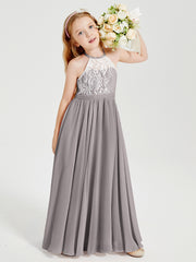 Robes de Demoiselle d'Honneur Longues en Mousseline avec Haut en Dentelle Argent