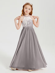 Robes de Demoiselle d'Honneur Longues en Mousseline avec Haut en Dentelle Argent