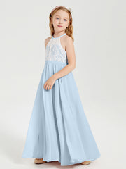 Robes de Demoiselle d'Honneur Longues en Mousseline avec Haut en Dentelle Bleu Ciel