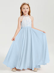Robes de Demoiselle d'Honneur Longues en Mousseline avec Haut en Dentelle Bleu Ciel