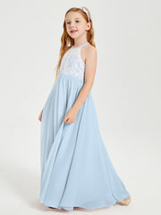 Robes de Demoiselle d'Honneur Longues en Mousseline avec Haut en Dentelle Bleu Ciel