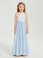 Robes de Demoiselle d'Honneur Longues en Mousseline avec Haut en Dentelle Bleu Ciel