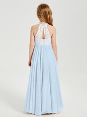 Robes de Demoiselle d'Honneur Longues en Mousseline avec Haut en Dentelle Bleu Ciel
